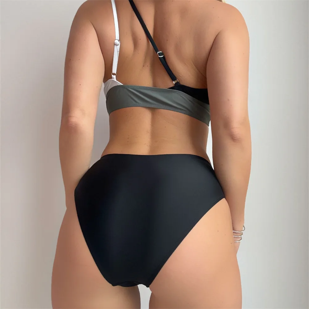 One-shoulder Sling Bikini Irregular Patchwork Cut Out Swimsuit High Waist Vacation Swimwears Women Y2K Beach Outfit Bathing Suit