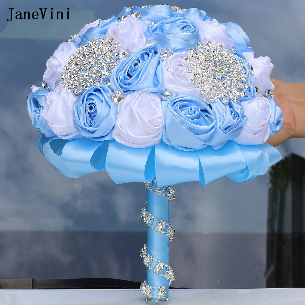 JaneVini Charming Light Blue White Ribbon Flowers Bridal Bouquets with Silver Rhinestone Artificial Satin Roses Wedding Bouquet