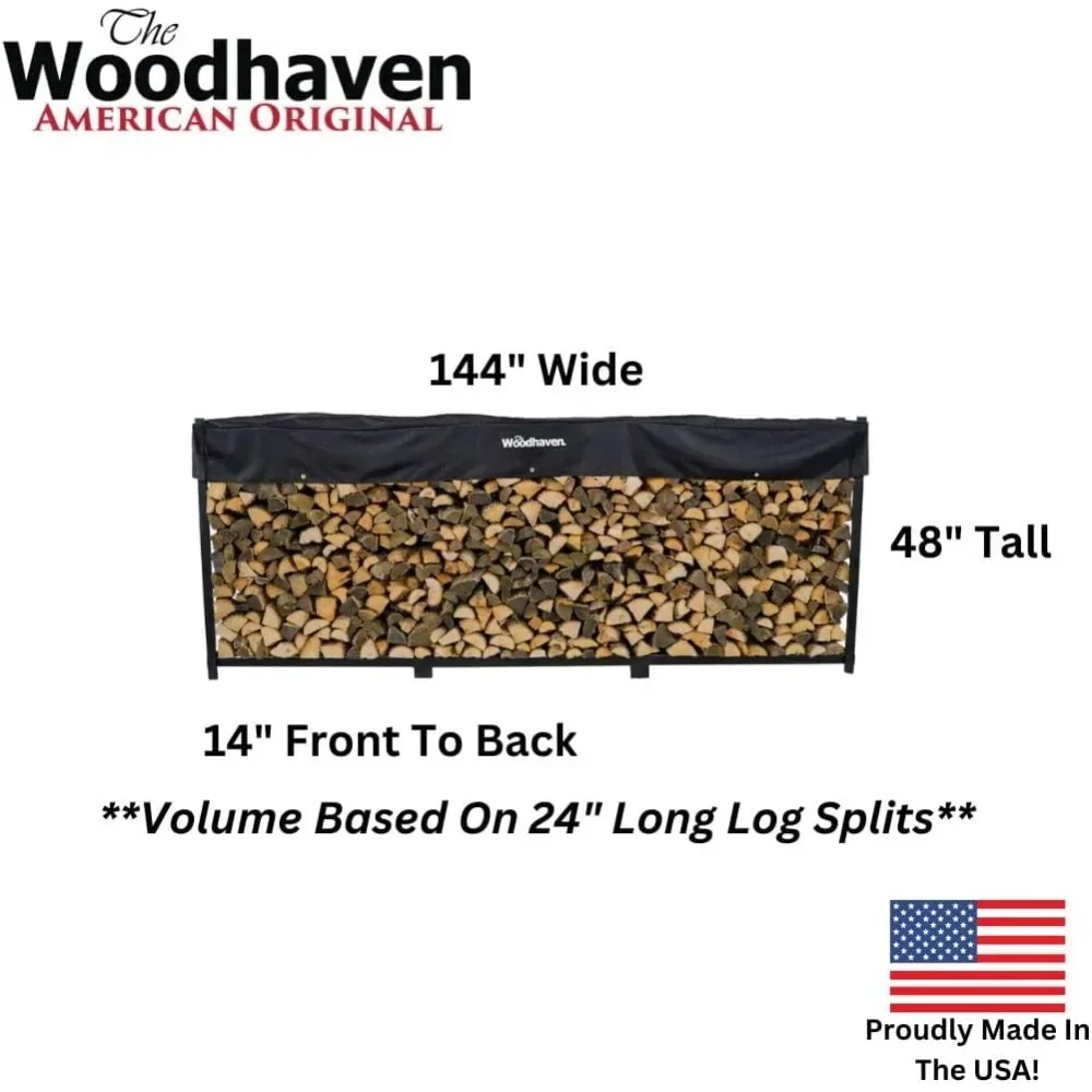 12 Foot 3/4 Cord Black Outdoor Wood Rack - Optional Cover - Heavy Duty Metal Log Rack - Black Powder Coat Finish