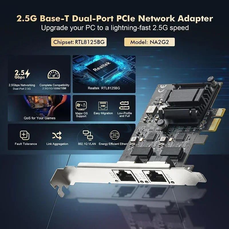 بطاقة خادم PCIe بمنفذ مزدوج 2.5 جيجابت في الثانية بمنفذين 10/100/1000 متر/2.5 جيجا RJ45 بطاقة محول شبكة إيثرنت مع Realtek/RT8125B