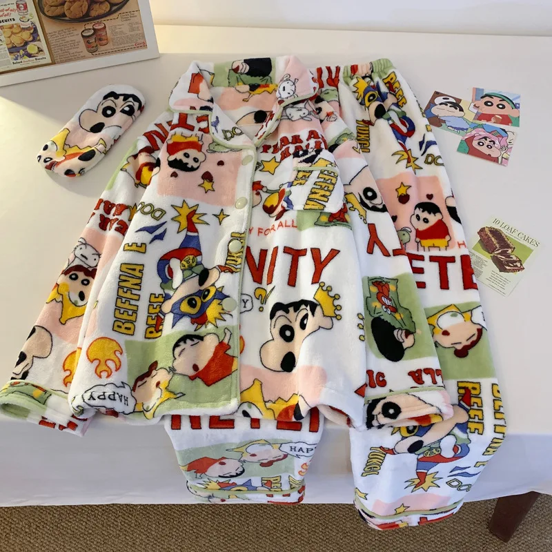 Miniso Crayon Shin-chan Women\'s Flannel Pajama Set Y2k Cartoon Home Furnishing Winter Warm Casual Long Sleeve Pants Pjama Gifts