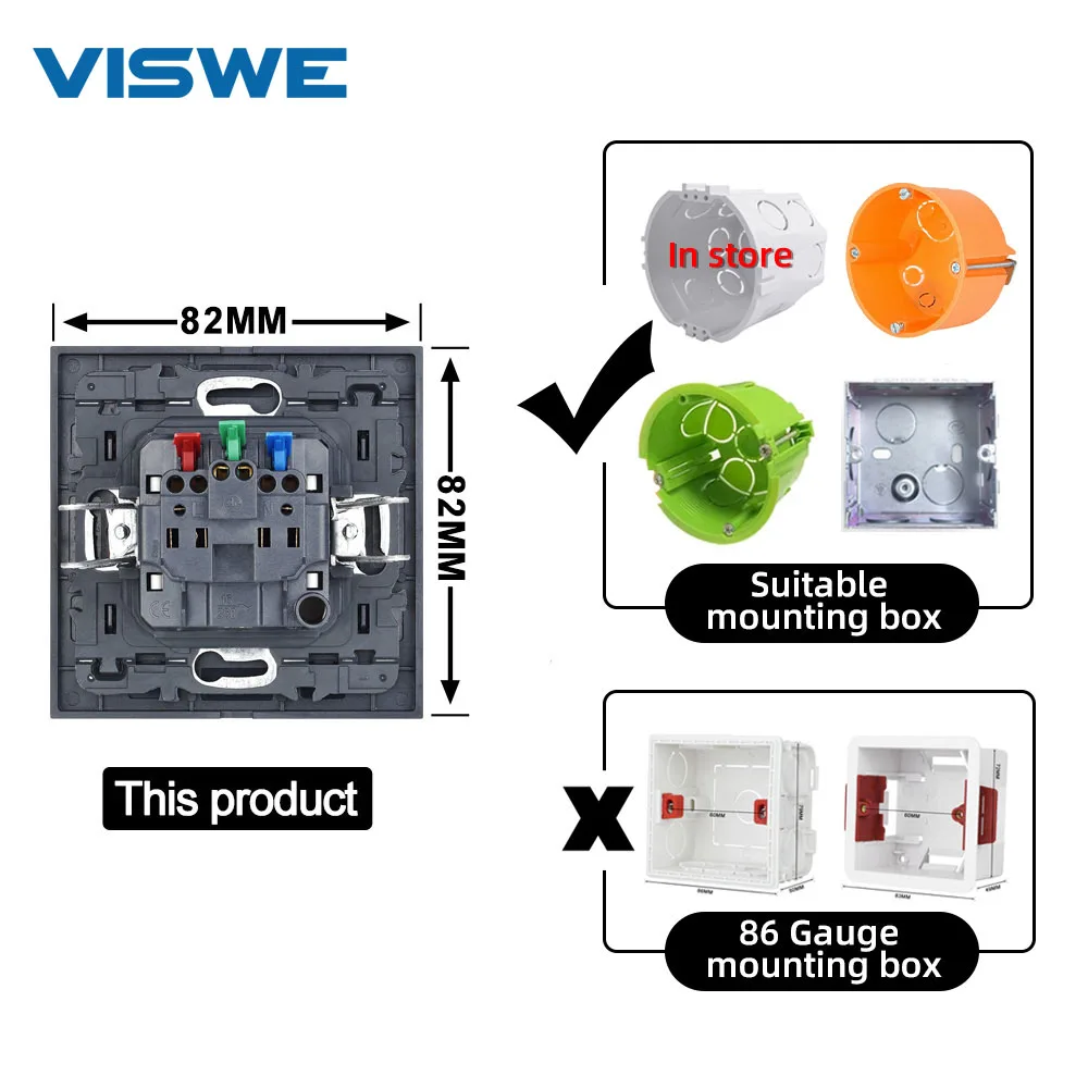 VISWE EU FR Quick Wiring Electrical Sockets 1/2Gang Switch 16A White Tempered Glass Panel Rj45 TEL TV Outlets with Mounting Claw