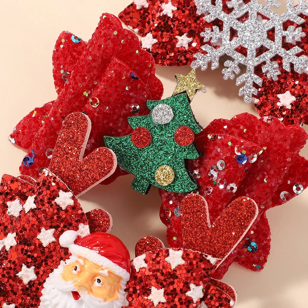 2Pcs/Set Baby Girls Christmas Hair Clips Glittle Bows with Antlers Santa Claus Snowflake Hairpin Shiny Headwear Hair Accessories