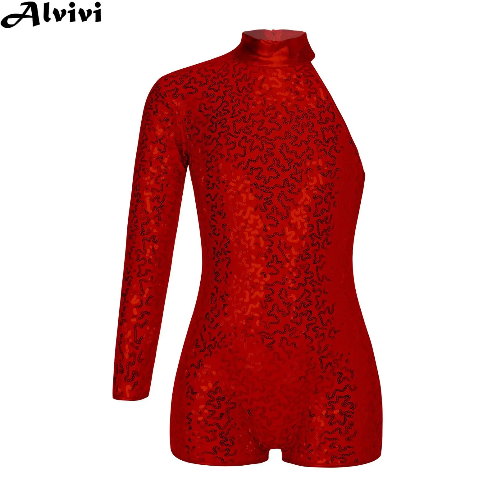 Kids Girls Hip Hop Jazz Dance Performance Costume Single Long Sleeve Shiny Sequin Bodysuit for Ballet Gymnastics Figure Skating