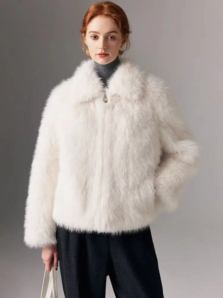 سترات من الفرو الصناعي للنساء معطف أنيق بسحاب سترة دافئة وسميكة ملابس خارجية جيوب وأكمام طويلة للخريف والشتاء #3