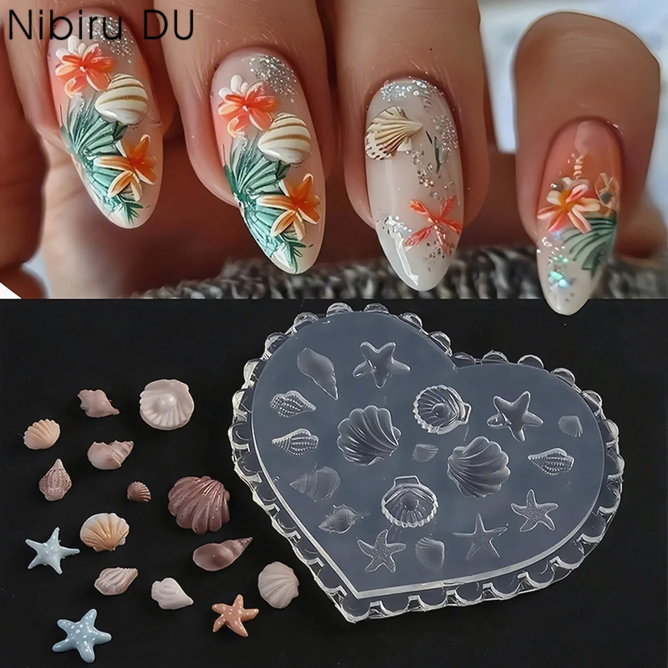 Modello di stampo per unghie estivo fai da te in silicone 3D, strumento per stencil per intaglio, conchiglia di mare, stelle marine, meduse, design per manicure, decorazioni per unghie