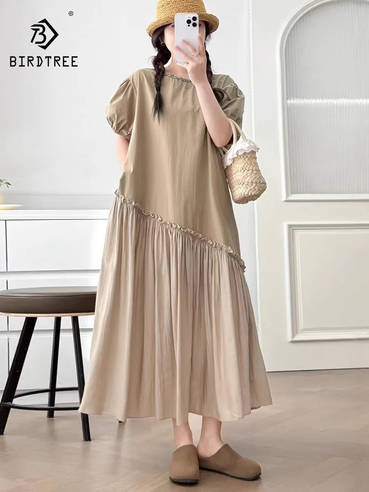 

New 2025 Summer Cotton Puff Sleeve Dresses, Women O Neck Ruffles Irregular Patchwork, Mori Girl OL Retro Loose Dress D56727CC