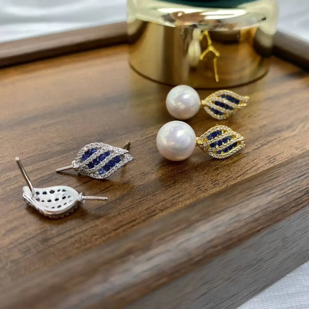 S925 Sterling Silver Pendant Earrings Mountings Findings Base Jewelry Set Mounts Settings Parts for 8-12mm Pearls Beads