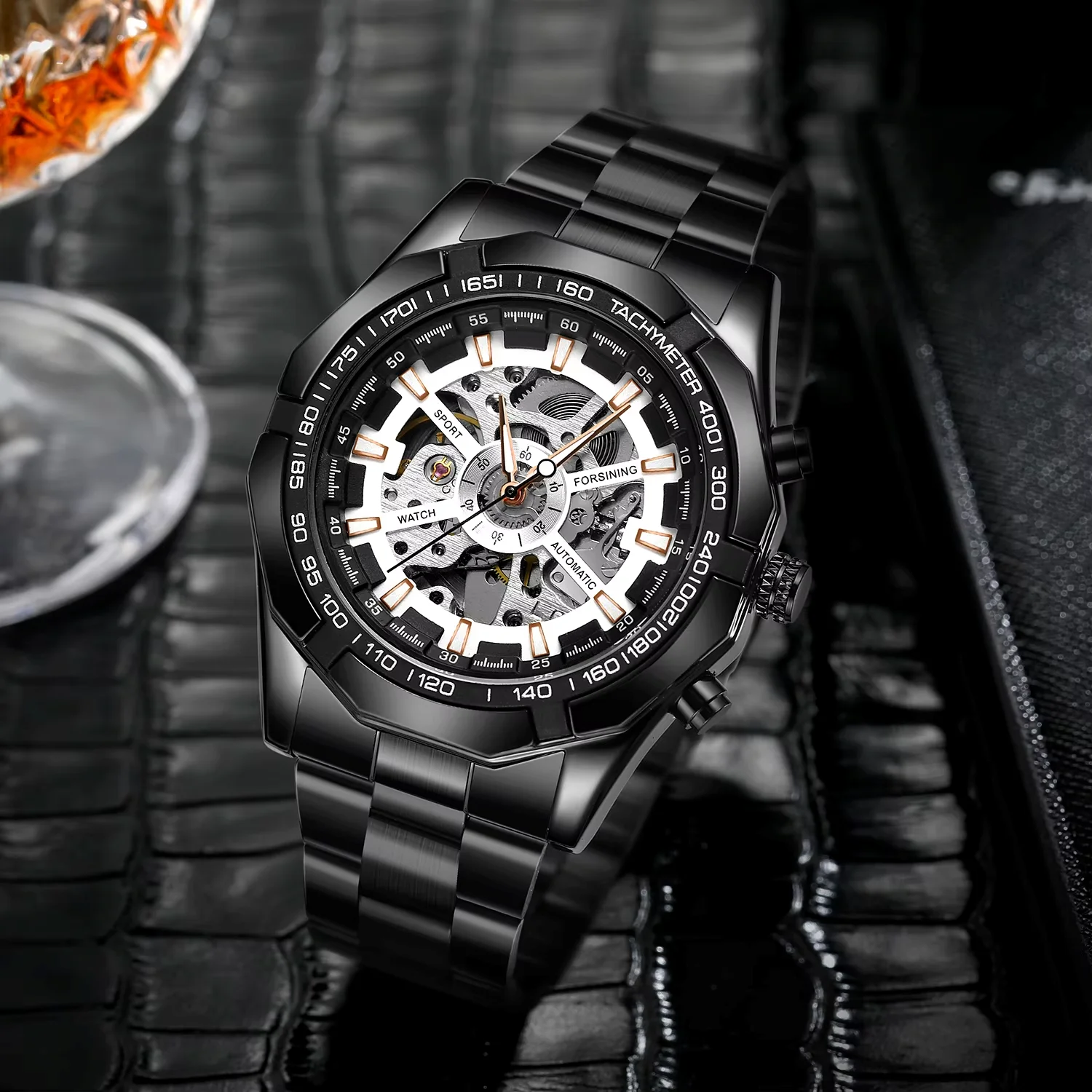 

Forsining men's plating tungsten steel hollow leisure automatic mechanical watch black wrist watch steel belt watch