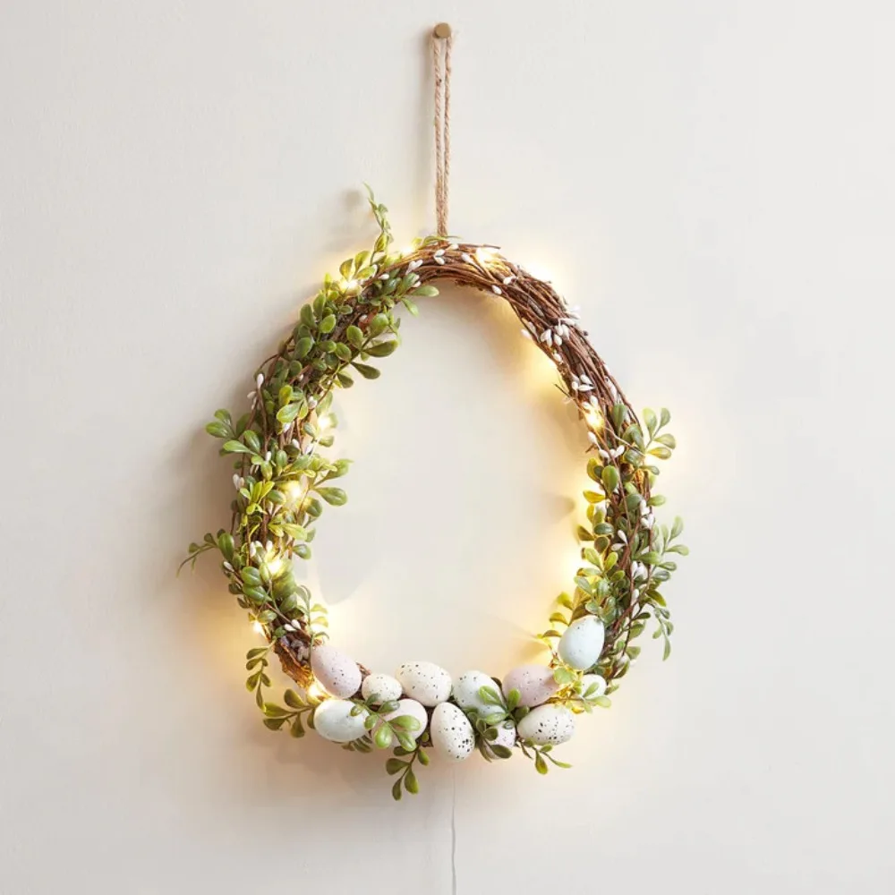 Coroa De Ovo De Páscoa Com Corda De Luz, Ovo Falso, Simulado De Planta Verde, Coroa De Rattan, DIY Guirlanda De Porta Da Frente