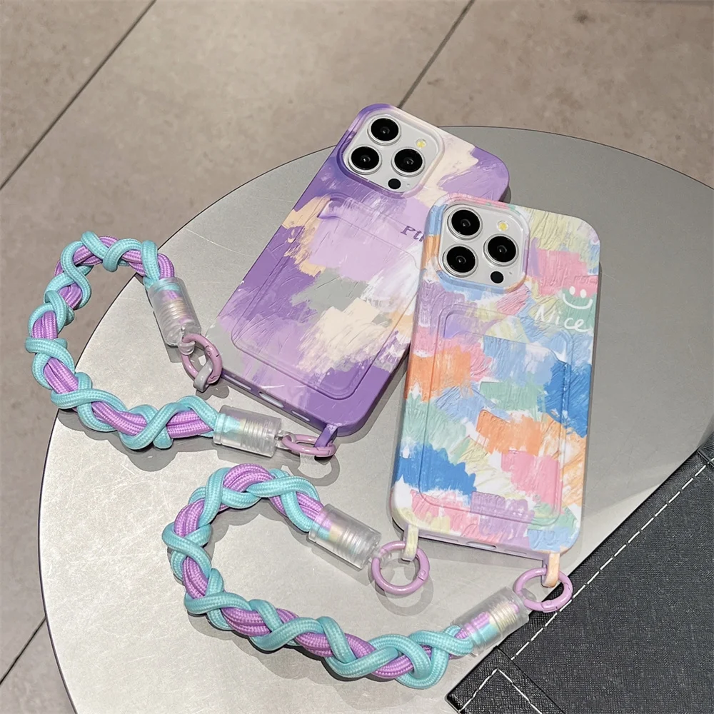 Watercolor Painting Pattern Phone Case for IPhone 15 14 Plus 12 13 Pro Max Card Slot Holder Wallet Wrist Strap Soft TPU Cover