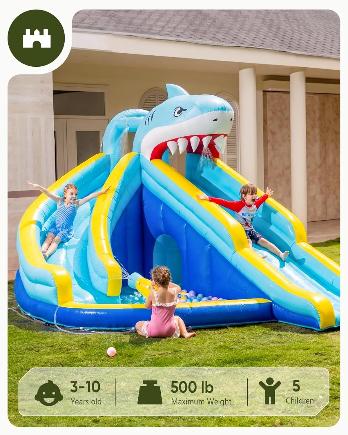 Kids Inflatable Water Slide Bounce House for Ages 3-10 with Pool, 500 lb Capacity, 550W Blower Included, Blue - Outdoor Backyard Fun view 2