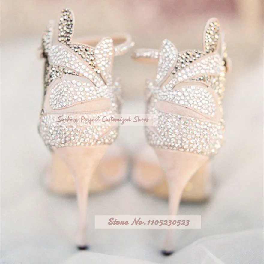 Champagne Wedding Shoes Rhinestone Stiletto Heels Bridal Sandals Bling Bling Rhinestone Hollow Out Dress Pumps