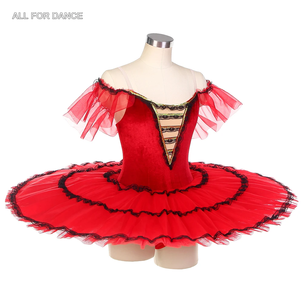 Bll428 fora do ombro ballet panqueca tutu vermelho veludo spnish tutu vestido 3 camadas ballet dança tutus para desempenho adulto