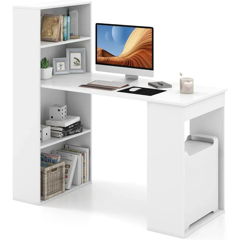 

48 Inch Computer Desk with Bookshelf, Reversible Study Writing Desk with Storage Shelves & CPU Stand