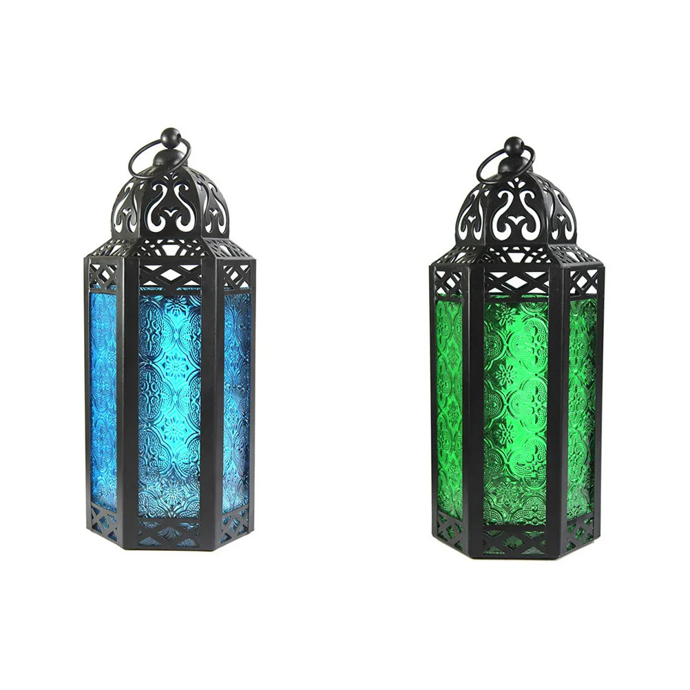 

Morocco Style Iron Holder Lantern Hanging Blue Retro Decoration Wedding Party Romantic Ambient Window Light