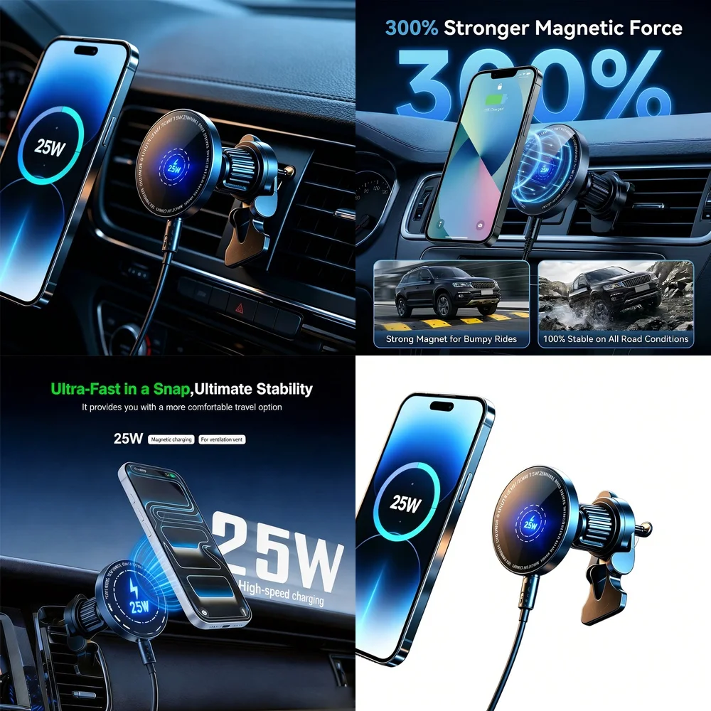 

UYUXIO 25W Magnetic Wireless Car Charger Super Fast Air Vent Mount Phone Holder for iPhone 17 16 15 14 13 12 Pro Max Models