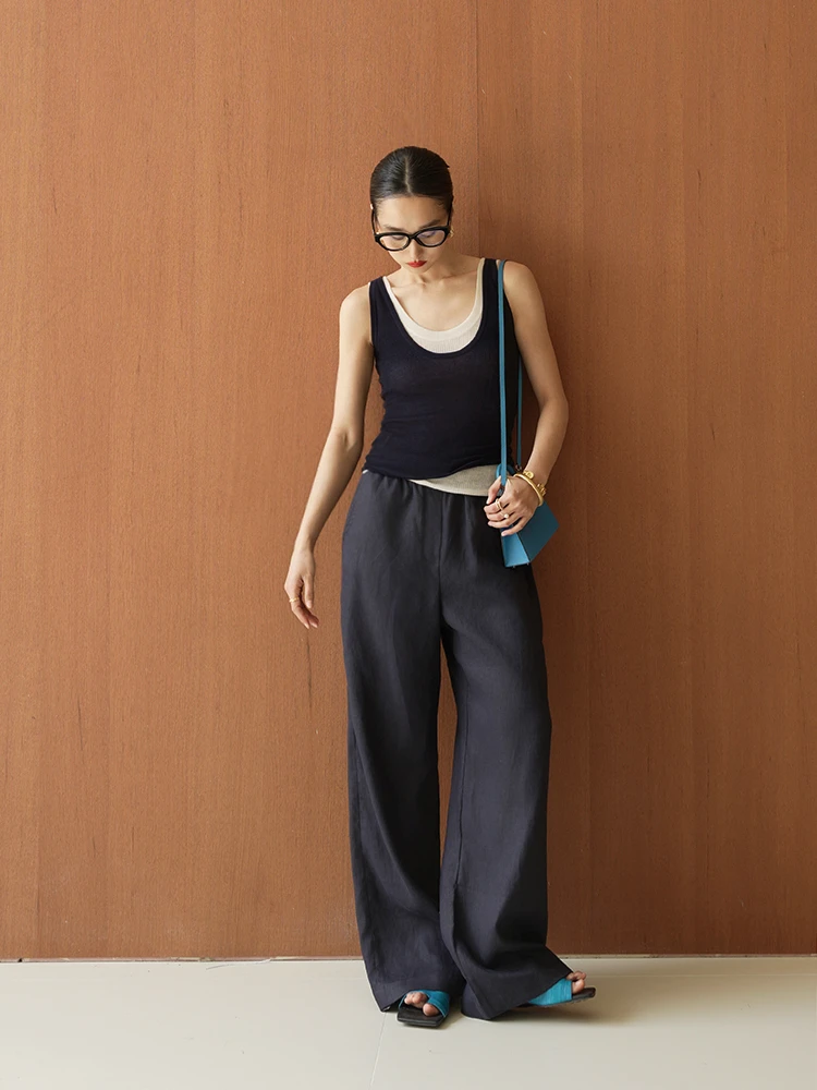 

LemonChen Summer Breathable Airy Linen Wide Leg Pants Dstring Basic Edition Versatile High Waist Long Casual Trousers
