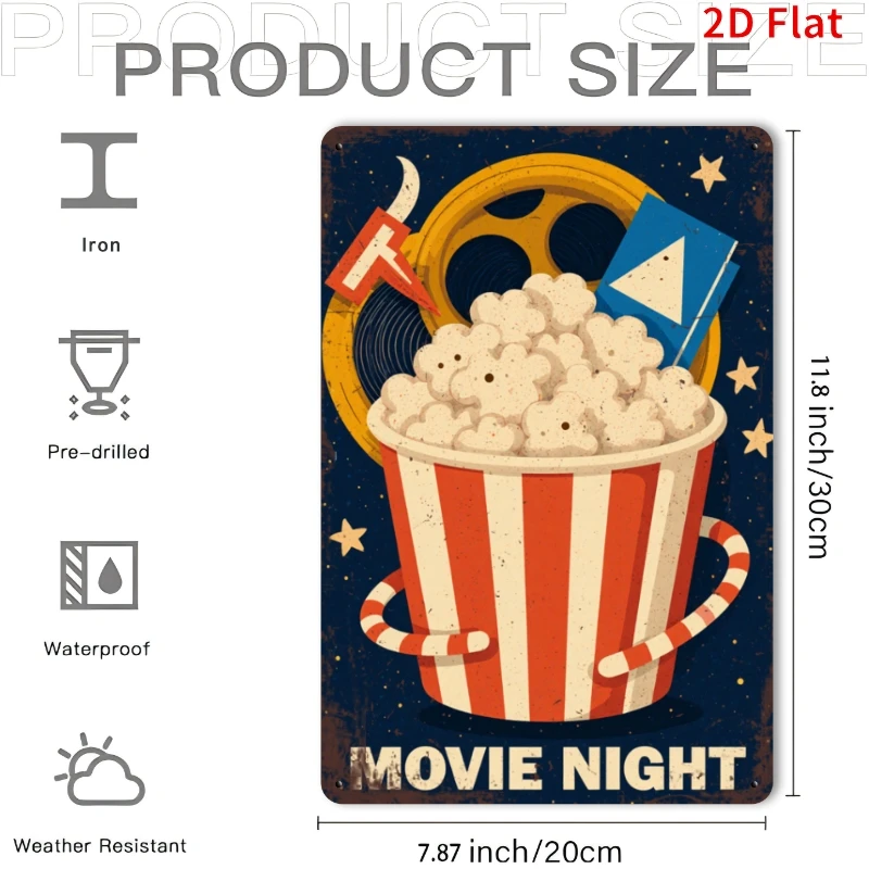2D Flat Retro  Sign- Movie Night: Popcorn And Projector, 20.32X30.48 cm, Perfect for Decorating Room Walls. Ideal for Home