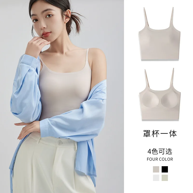 Colete camisola sem alças feminino, sem necessidade de sutiã, estilo fino de verão de uma peça, usável ao ar livre, sem costura, costas bonitas, interno