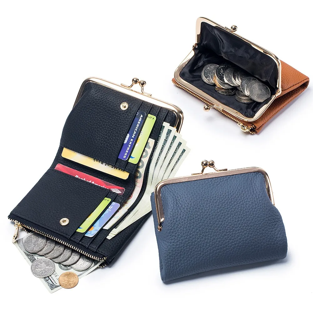 Genuine Leather Clip Wallet Bag Cowhide Small Hand Short Clutch Coin Purse Card Holder Key Lipstick Storage Pouch Case For Women