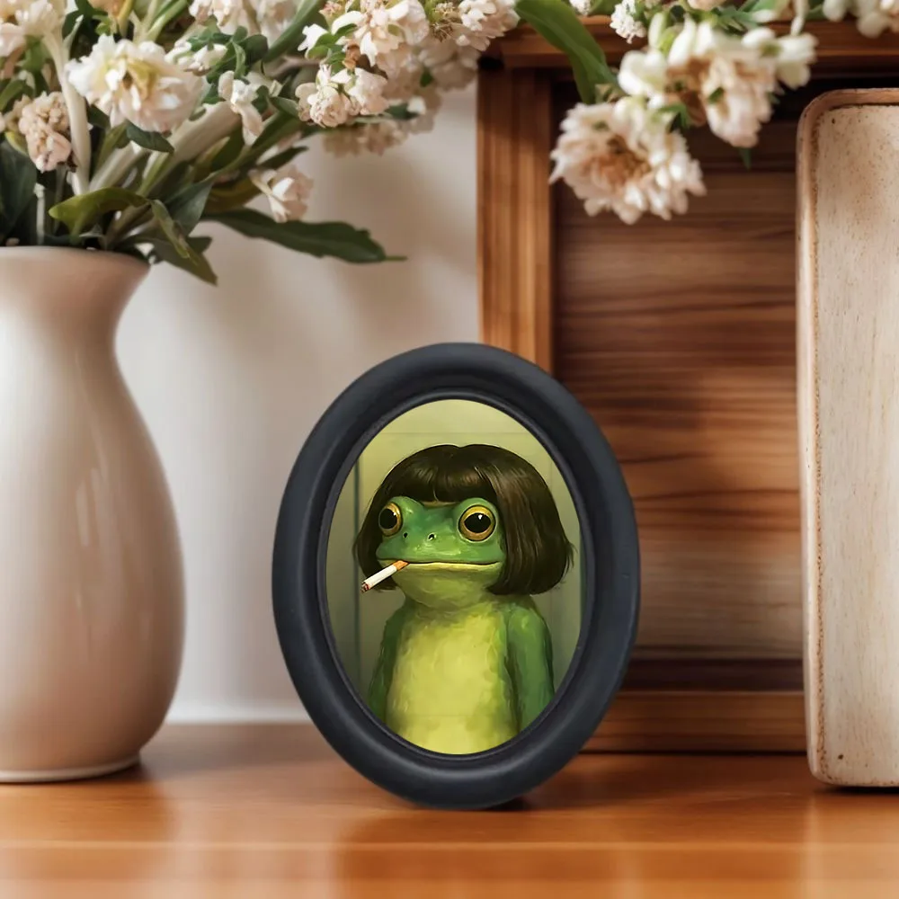 1 Piece of Fun Long-Haired Frog Wall Art, Fun Frog Framed Decorative Painting, Featuring a Frog Element with a Quirky Wig, Wooden Mini Hanging Painting, Unique Home Kitchen Office Decoration, Fun Gift, Holiday Gift