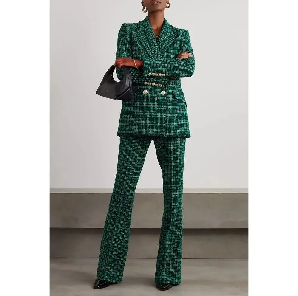 

Chic Green Checkered Double Breasted Button Women Suit Custom Made Long Sleeve Evening Fashion Wear 2 Pieces