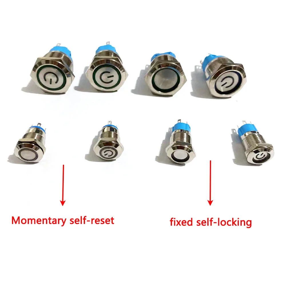 12/16/19/22mm Waterproof Metal Push Button Switch LED Light Momentary Latching Car Engine Power Switch 5V 12V 24V 220V Red Blue