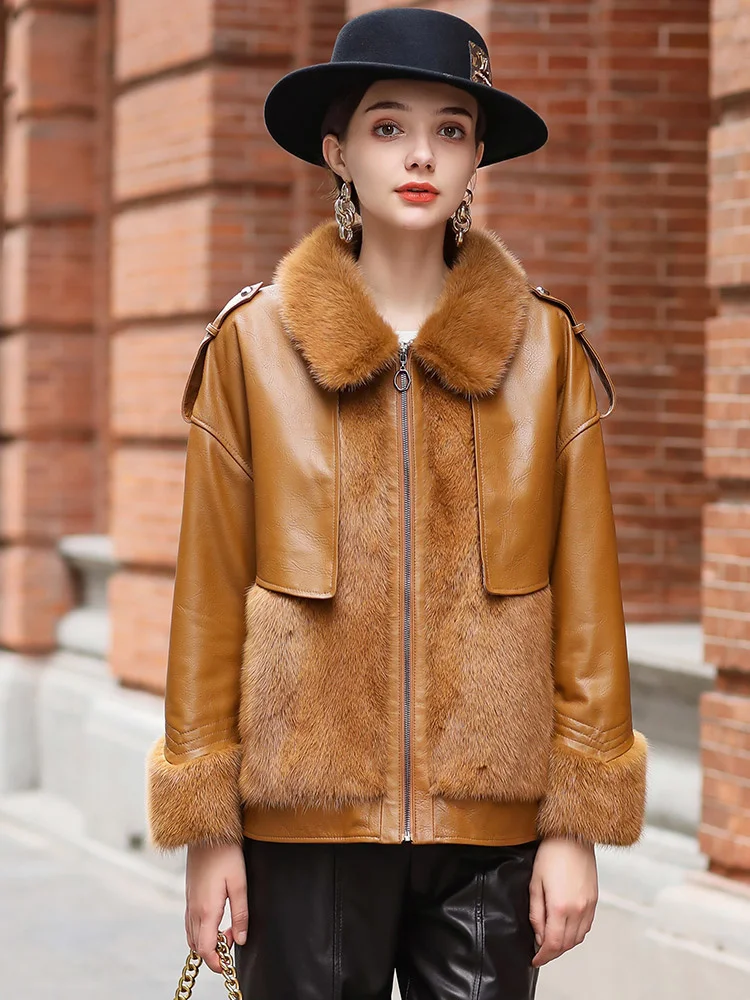 2023 Winter Patty New Simple and Fashionable Mink Fur Grass Whole Mink Short Coat with Genuine Leather and Cotton Fur for Women