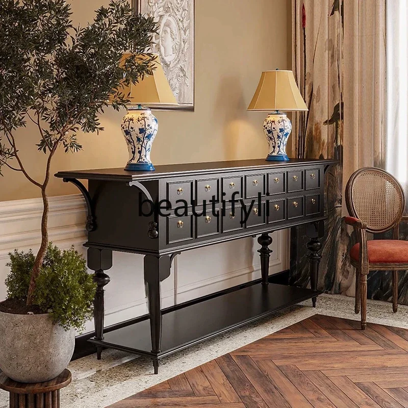 

French retro solid wood porch cabinet, black drawer, simple entry foyer decorative cabinet, light luxury porch table