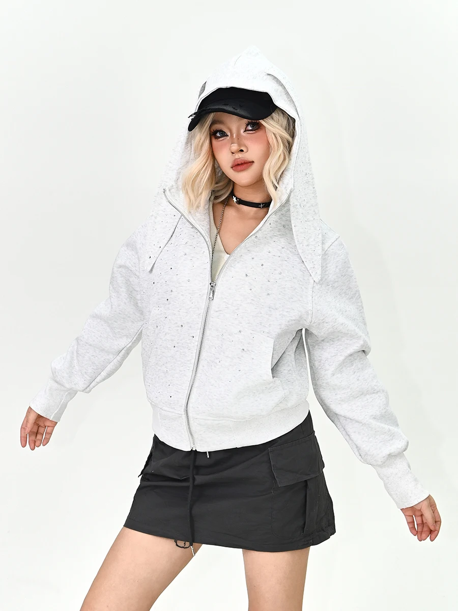 

Spring 2026 Women's Loose BF American College Sle Hooded Sweatirt Cardigan Rabbit Ear Embellied Casual Streetwear