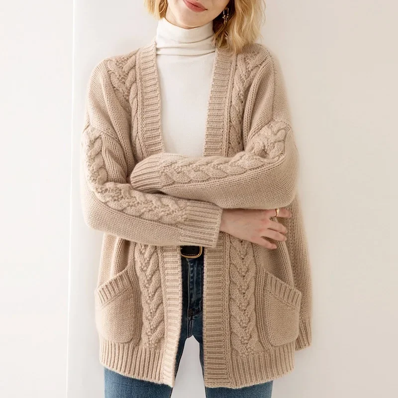 

2025 autumn winter casual oversized solid twisted flower long sweater women's coat y2k Vintage V-neck knitted cardigan for women