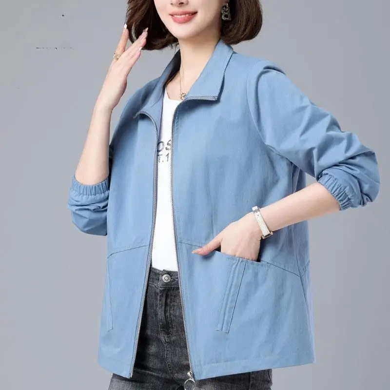 2023 New Spring and Autumn Art Retro Fashion Simple Polo Neck Zipper Pocket Long Sleeve Casual Loose Solid Oversize Women's Coat