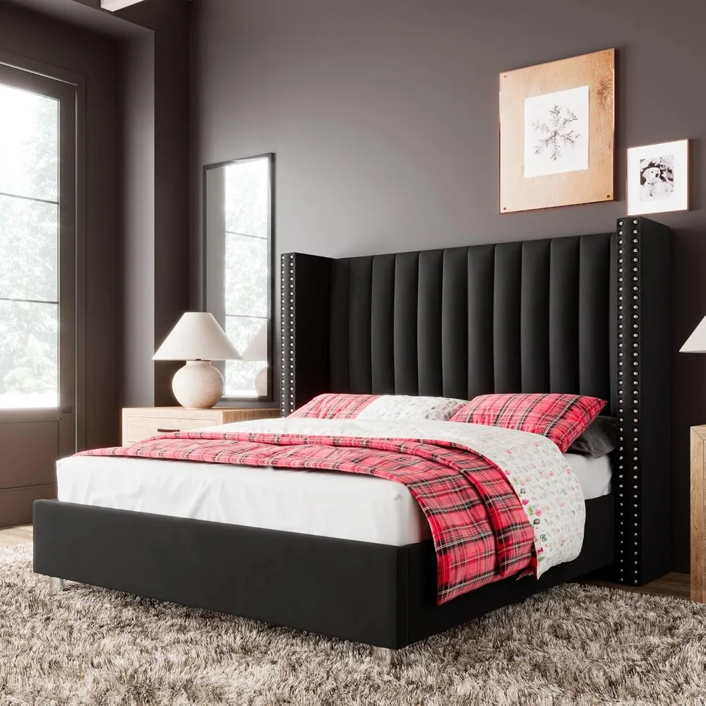 Queen-size bed frame upholstered platform bed with tall headboard wing back, velvet vertical channel quilting, black