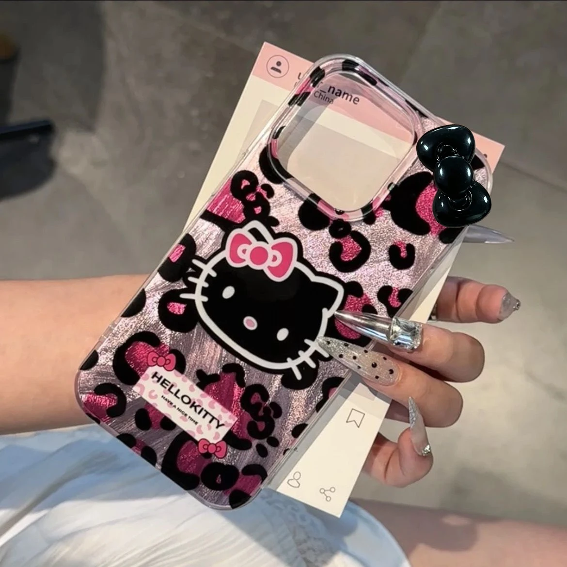 Pink Leopard Print HelloKitty Bow Mobile Phone Case For iPhone 15 14 13 12 11 Pro Max XR XS 7 8 Plus Silicone Laser Covers Y2K