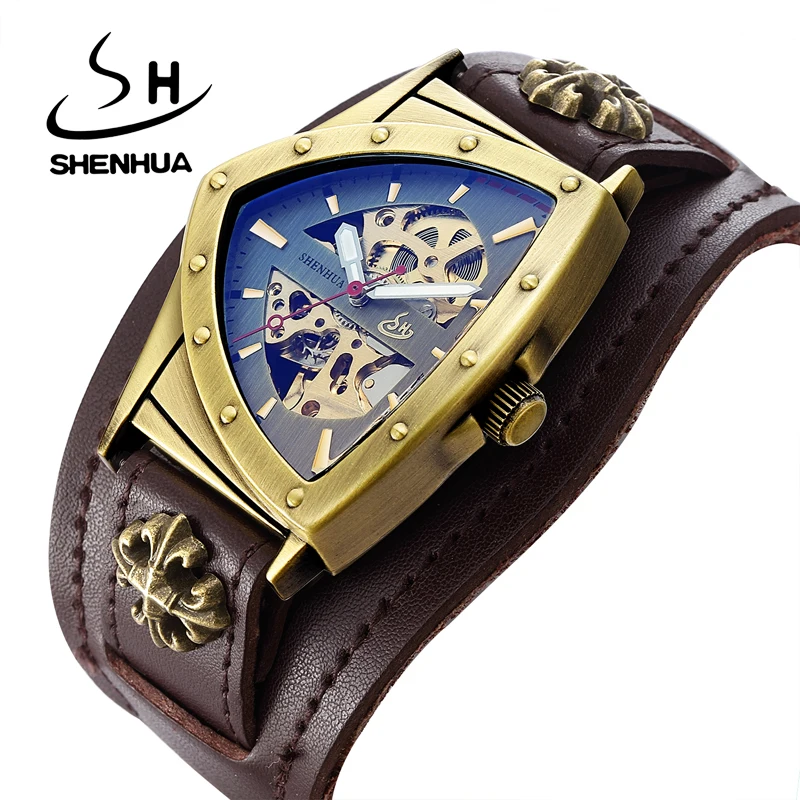 

SHENHUA New Steampunk Mens Watch Double Side Skeleton Transparent Bronze Mens Automatic Mechanical Male Watch