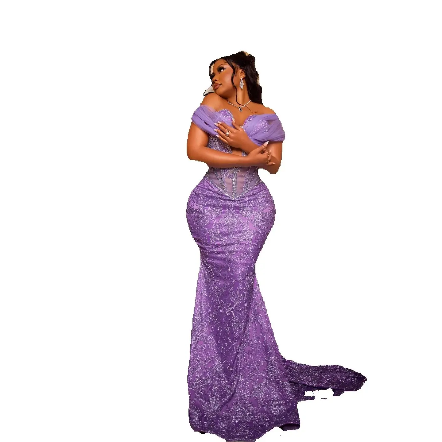 

Off the Shoulder African Wedding Reception Dress Beaded Lace Evening Dresses Birthday Formal Dress Aso Ebi Style Luxury Purple