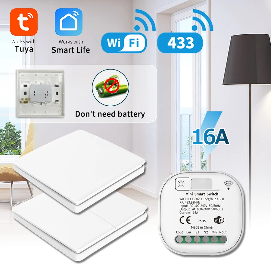 Tuya WiFi Smart Self Powered Wireless Wall Switch No Battery Required 433Mhz Remote Control Light Switch For Alexa Google Home