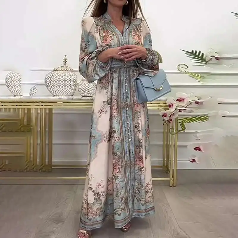 

Women's Bohemian Dress 2025 New Style V-neck Long Sleeved Printed Palace Style Spring Dress A-line Dress