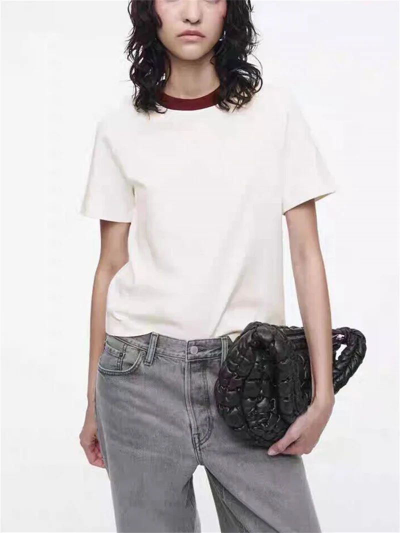 

Solid Color T-Shirt Women Contrast Color O-Neck Cotton Casual Tee Tops for Ladies Summer New 2024 Versatile