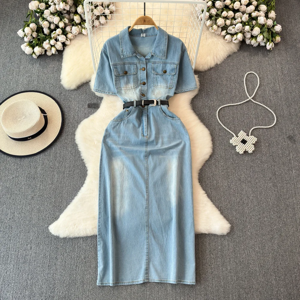 

Denim Dress Women Dresses Mid Length Jeans Single Breasted Y2k Vestidos Short Sleeve Elegant High Waist Belt Streetwear 2025