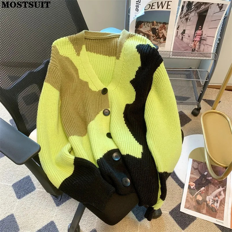 

Green V-neck Stylish Sweater Cardigan Women 2023 Spring Autumn Long Sleeve Single-breasted Coat Fashion Chic Loose Jumpers Femme