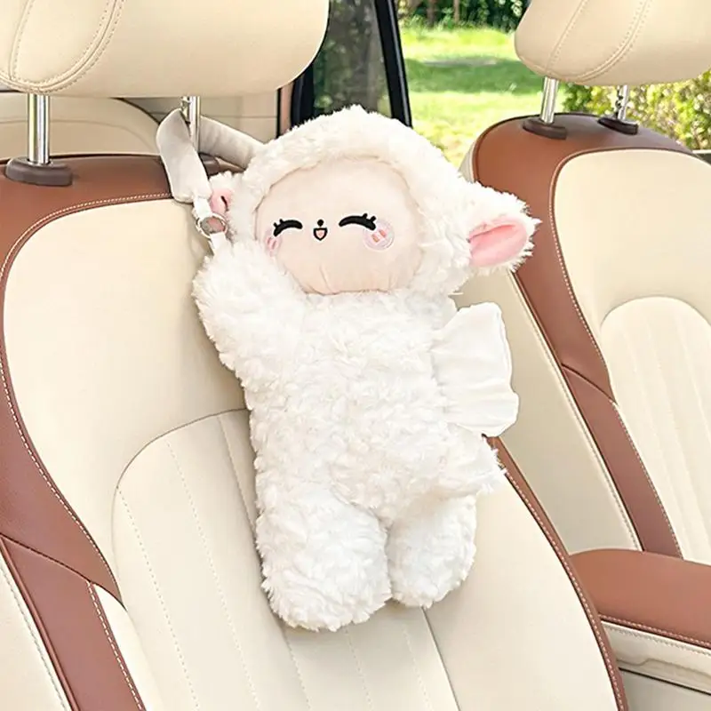 Plush Car Tissue Holder Plush Zippered Tissue Dispenser Cartoon Animal Napkin Holder White Tissue Holder For Travel Commuting