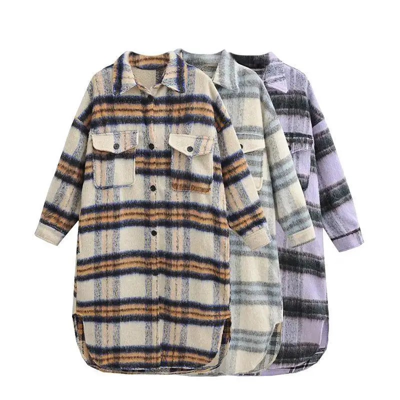 

SuperAen European and American Style Women Casual Fashion Vintage Plaid Loose Woolen Coat Asymmetrical Mid-length Coats