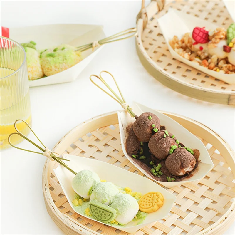 150PCS Disposable Sushi Boats Appetizer Plates Wood Appetizer Plates Wooden Food Trays Sushi And Sashimi Party Kits