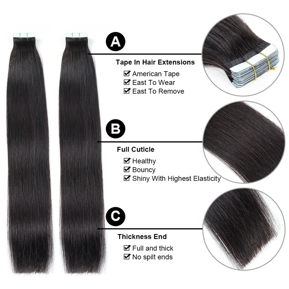 Tape In Human Hair Extensions Jet Black Real Remy Hair Extension European Straight Seamless Skin Weft Adhesive Glue On For Salon