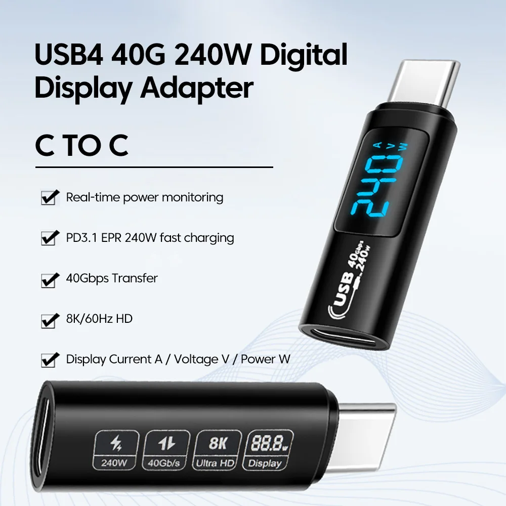 PD 240W Digital Display USB C 4.0 Adapter Type-C Male To Type C Female Data Converter For iphone 15 Samsung Laptops Connector