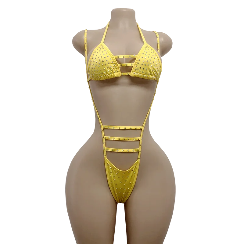 

Custom Female Spandex Bikini Top Performance Wear Sexy AB Rhinestones Ballroom Leotards Exotic Stripper Outfits for Performance