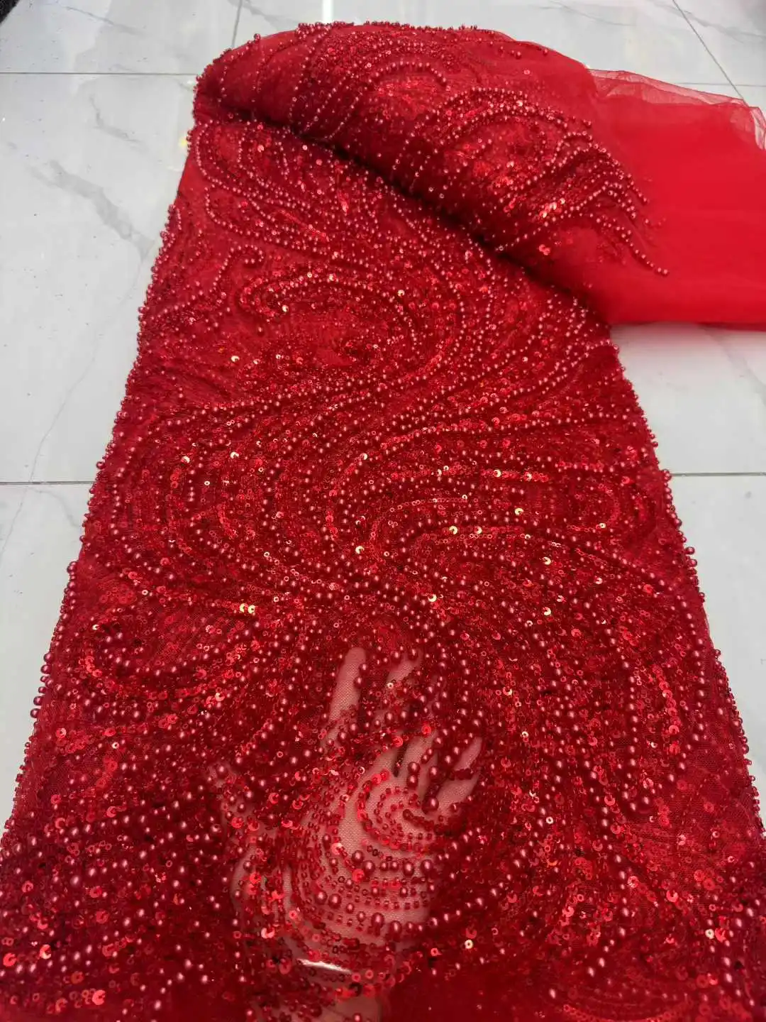 

2025 Latest African Sequins Lace Fabric High Quality Lace Embroidery Beaded Mesh Fabric 5 Yards For Wedding Party Dress