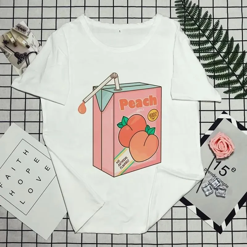 

Новая летняя розовая модная женская футболка в корейском стиле с принтом клубничного сока в стиле Харадзюку, повседневная свободная женская футболка Kawaii